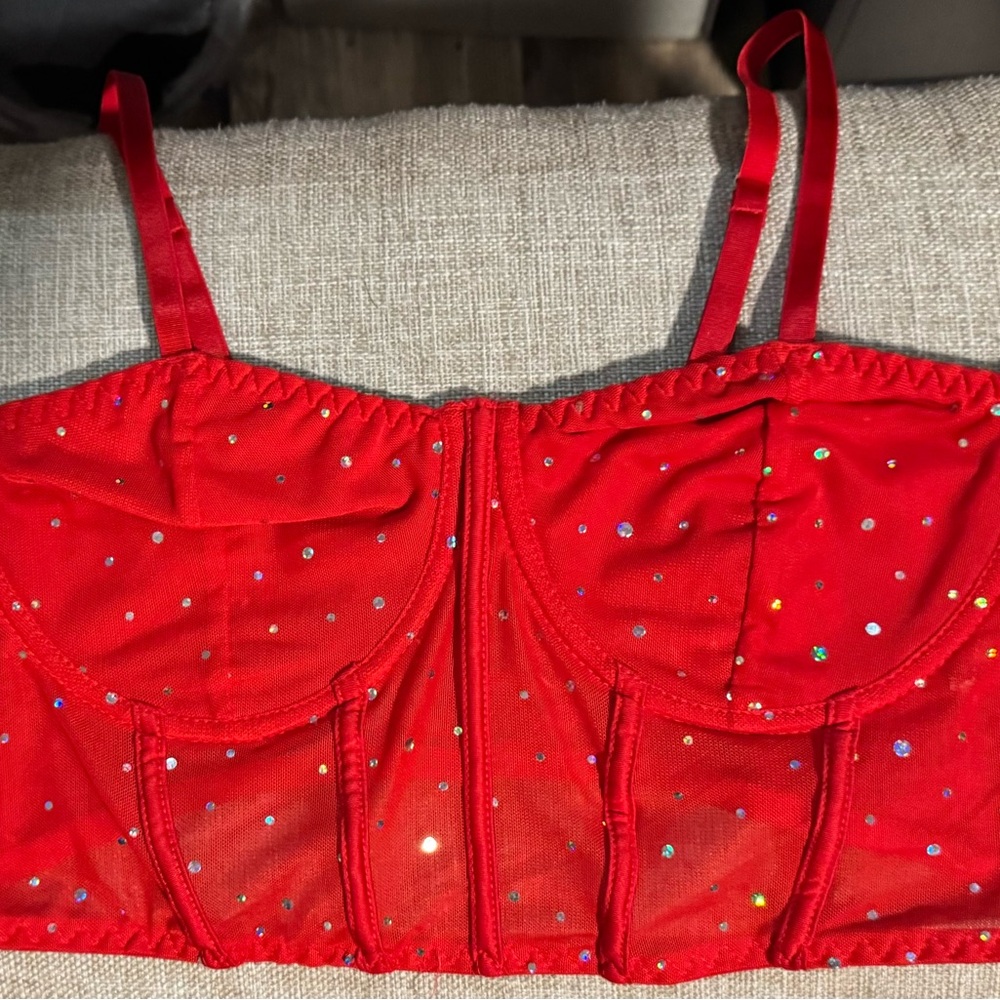 Red Sequin Bustier Top with Underwire and Adjustable Straps